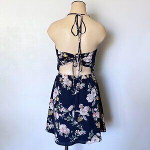 ROKOKO size SMALL floral dress tie back cami halter navy mini fit flare crepe S